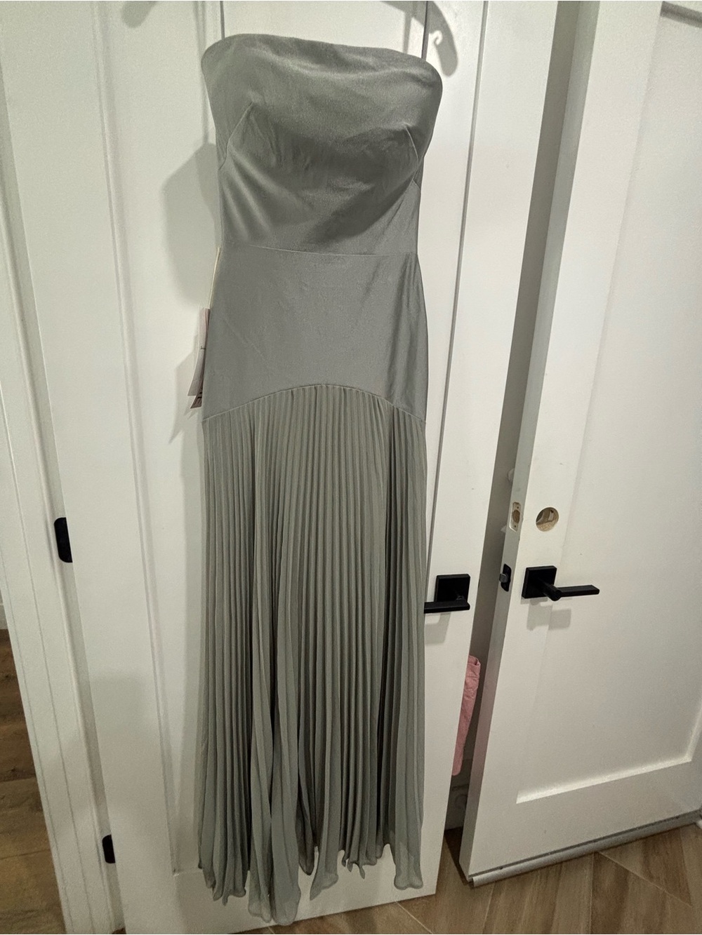 Strapless Pleated Maxi Dress in Dusty Blue Chiffon